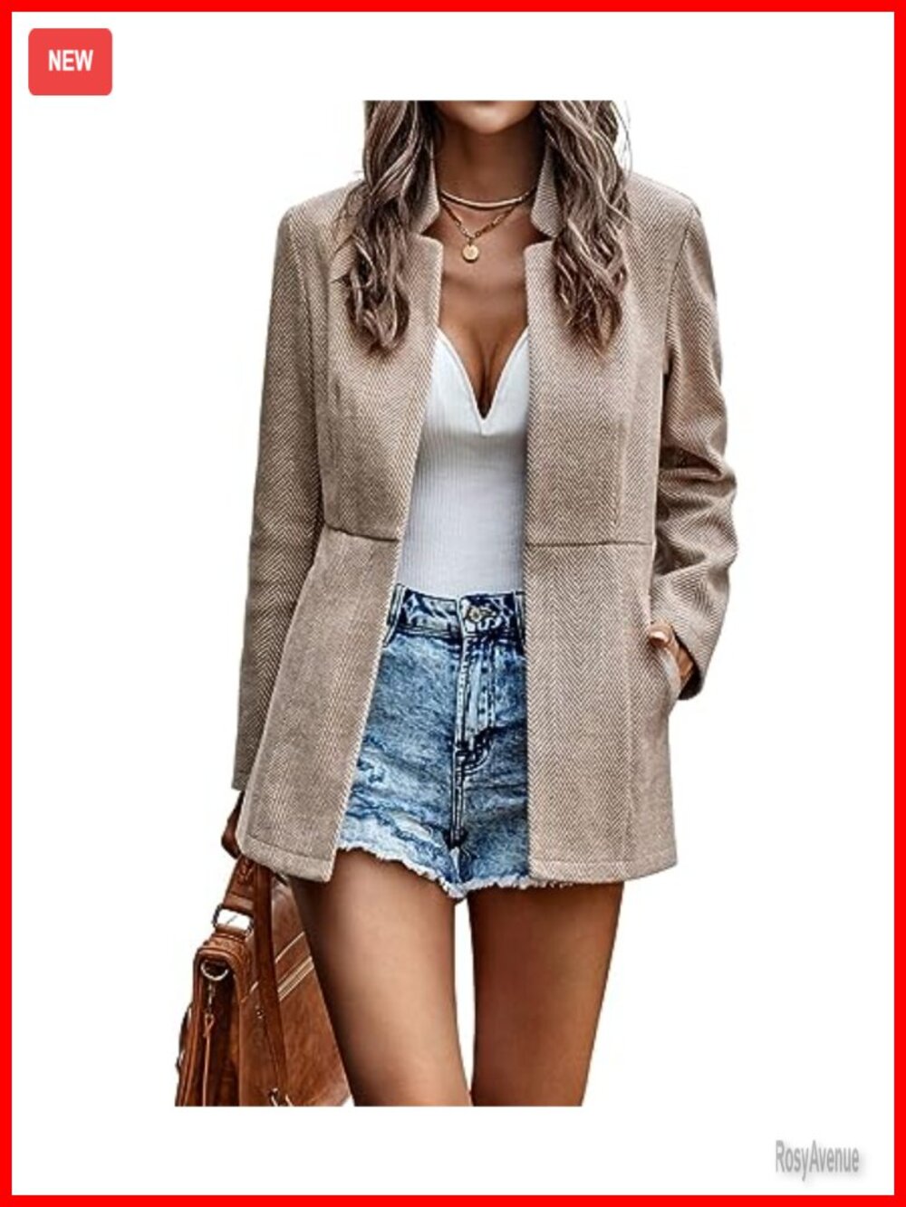 Women's Herringbone Open Front Blazer Jacket Long Sleeve Notch Lapel Office